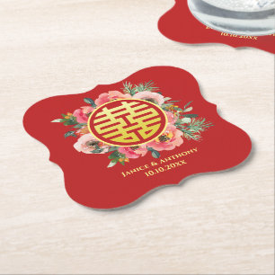 Moderne rosa Blumenkranz chinesische Hochzeit Untersetzer