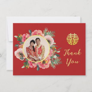 Moderne rosa Blumenkranz chinesische Hochzeitsfoto Dankeskarte
