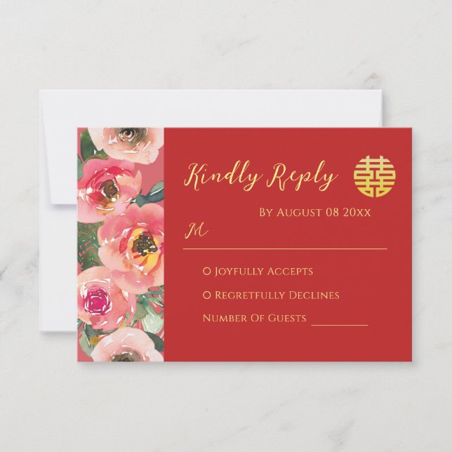 Moderne rosa Blumenstrauß chinesische Hochzeit RSVP Karte (Vorderseite)