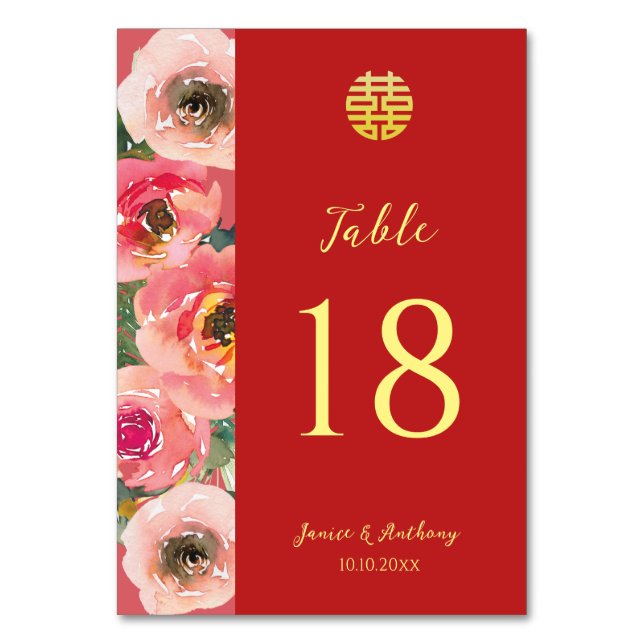 Moderne rosa Blumenstrauß chinesische Hochzeit Tischnummer (Vorderseite)