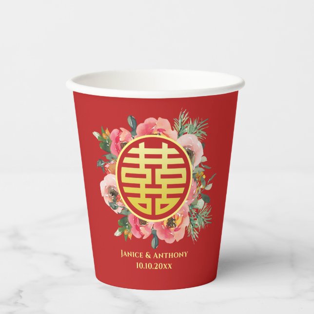 Moderne rosa Blumenzeremonie chinesischer Hochzeit Pappbecher (Vorderseite)