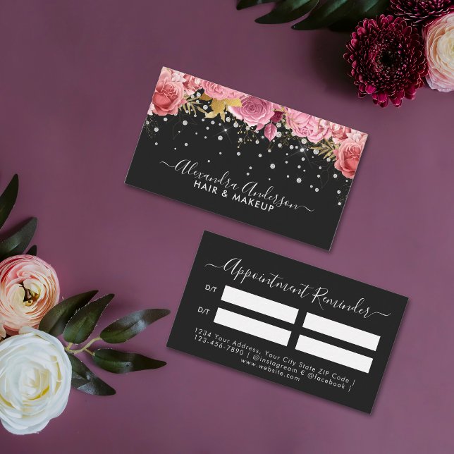 Moderne rosa Blumenzwiebeln Glitzer Beauty Salon Terminkarte (Modern Pink Floral Diamonds Glitter Beauty Salon Appointment Card)
