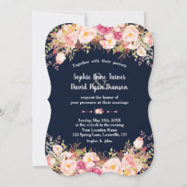 Moderne rosa Blush Bloral Navy Blue Hochzeit Einladung
