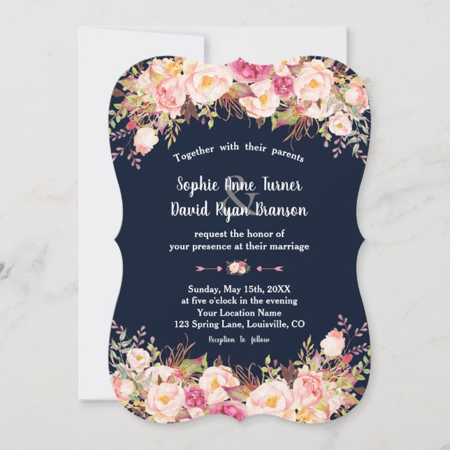 Moderne rosa Blush Bloral Navy Blue Hochzeit Einladung (Vorderseite)