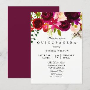 Moderne rosa Burgund Blume Quinceanera Einladung