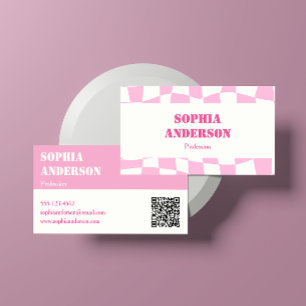 Moderne rosa Checked Business Card mit QR Code Visitenkarte