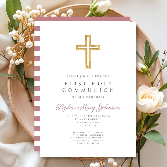Moderne Rosa Cross Girl Erste Kommune Einladung (Modern Pink Cross Girl First Communion Invitation)