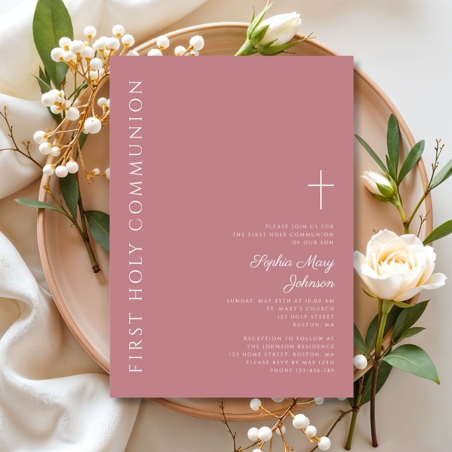 Moderne Rosa Cross Girl Erste Kommune Einladung (Modern Pink Cross Girl First Communion Invitation)