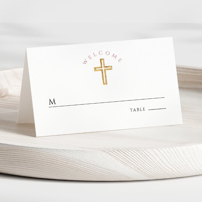 Moderne Rosa Cross Girl Erste Kommune Platzkarte (Front - Modern Floral Cross Girl First Communion Place Card)
