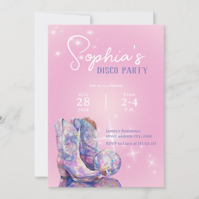 Moderne Rosa Disco-Party Einladung für Cowgirl (Vorderseite)