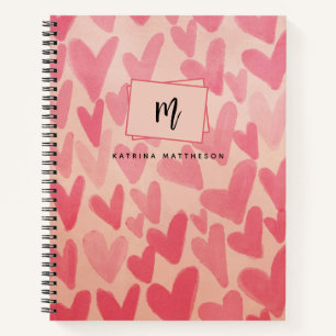 Moderne rosa Doodle Herz Mit Monogramm Notizbuch