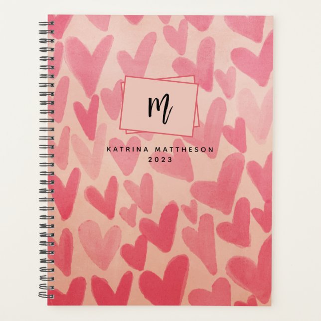 Moderne rosa Doodle hört Mit Monogramm Planer (Vorderseite)