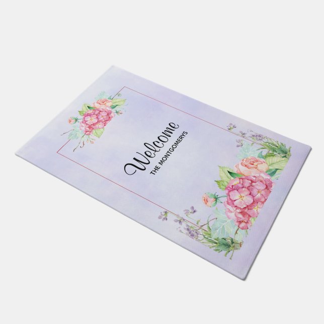 Moderne rosa Farbflorale Rahmen Willkommen Fußmatte (Schrägansicht)
