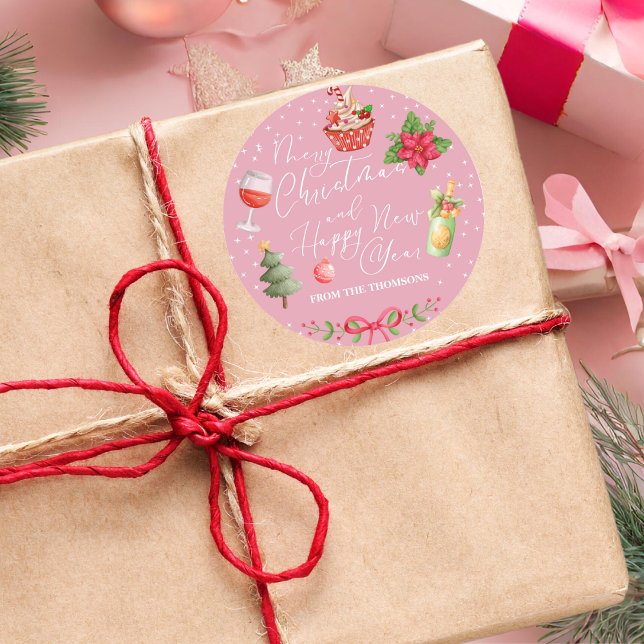 Moderne rosa Feierliche Weihnachten und Neujahr fr Runder Aufkleber (Von Creator hochgeladen)