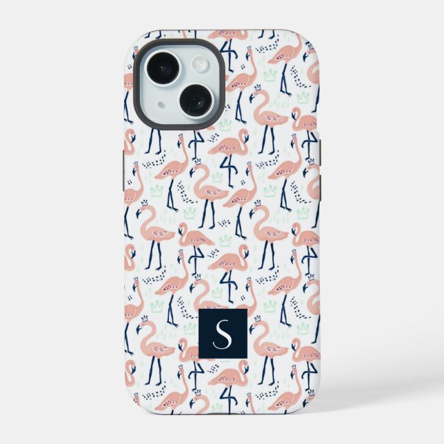 Moderne rosa Flamingos Monogramm iPhone 15 Hülle (Rückseite)