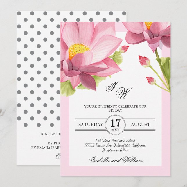 Moderne Rosa Floral Lotus Blume Einladung Hochzeit (Vorne/Hinten)