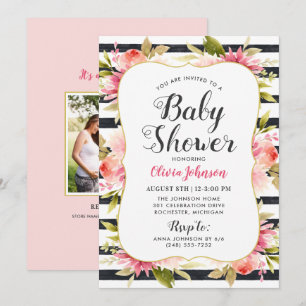 Moderne rosa florale Babyparty-Foto Mädchen Einladung