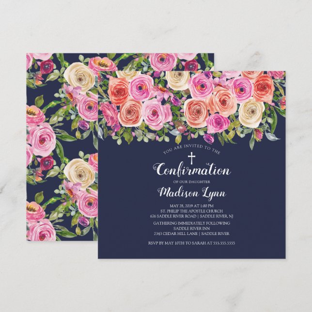 Moderne, rosa, florale Bestätigung der Marine Einladung (Vorne/Hinten)