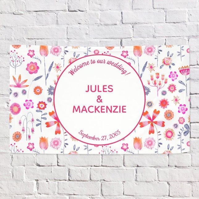 Moderne rosa florale Boho Hochzeit Banner (Modern floral pink and white wedding welcome banner sign)