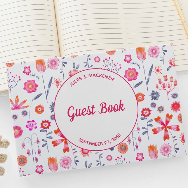 Moderne rosa florale Boho Hochzeit Gästebuch (Pretty modern pink floral wedding guest book)