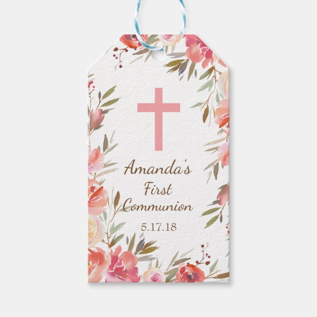 Moderne rosa florale erste Kommunionsmarke Geschenkanhänger (Vorderseite)