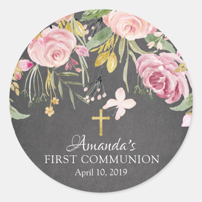 Moderne rosa florale Erstkommunionsticker Runder Aufkleber (Vorderseite)