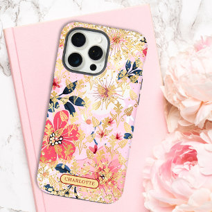 Moderne rosa florale Glitter-Chic personalisierte iPhone 15 Pro Max Hülle