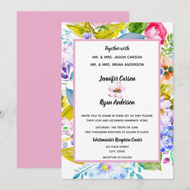 Moderne rosa florale romantische Hochzeitseinladun Einladung (Vorne/Hinten)