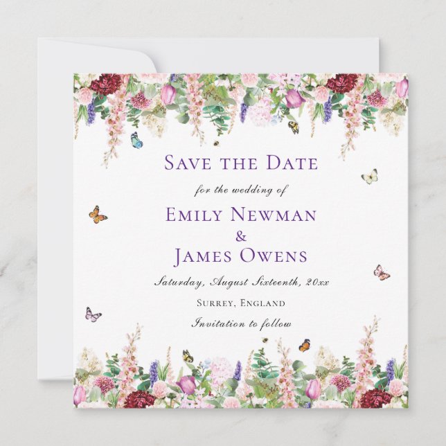 Moderne rosa Florals & Butterfliegen Save the Date (Vorderseite)