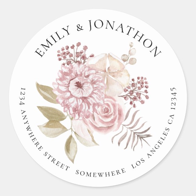 Moderne rosa Florals Hochzeitsnacht Rücksendeadres Runder Aufkleber (Vorderseite)
