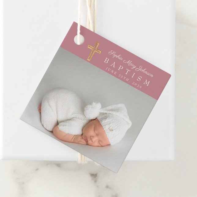 Moderne rosa Foto Girl Baptisc Vielen Dank Geschenkanhänger (Modern Pink Photo Girl Baptism Thank You Favor Tags)