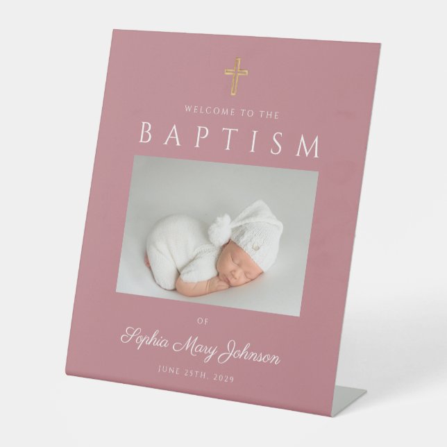 Moderne rosa Foto Girl Baptisse Willkommen Sockelschild (Vorderseite)