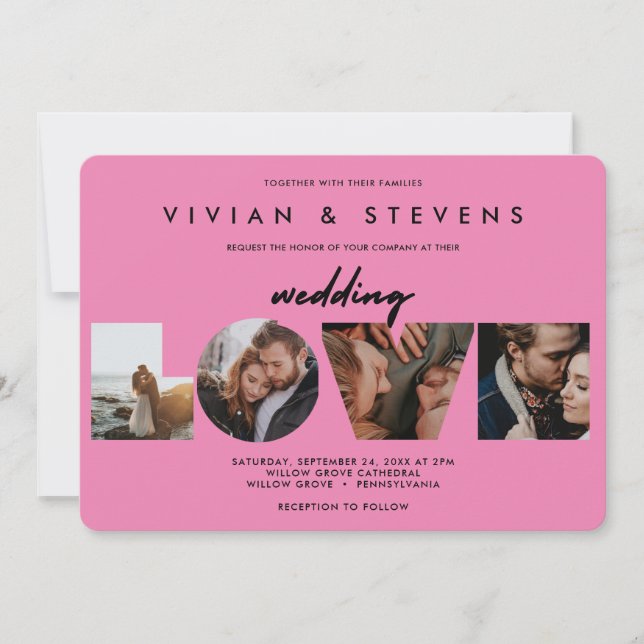 Moderne rosa Fotos Minimalistischer Liebe Hochzeit Einladung (Vorderseite)