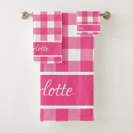 Moderne rosa Französische Rose Weißes Buffalo Karo Badhandtuch Set