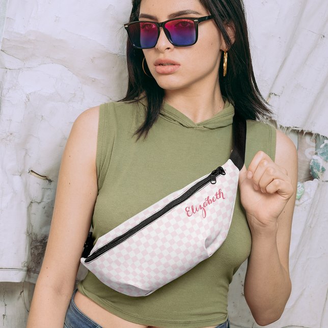 Moderne rosa Geländerte Muster Name Waist Crossbod Bauchtasche (Modern Pink Checkered Pattern Name Waist Crossbody Fanny Pack)