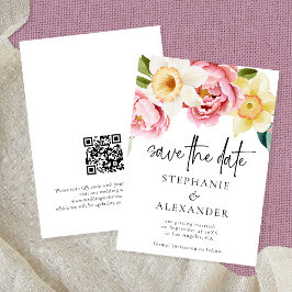 Moderne rosa gelbe Florals Script QR Code Hochzeit Save The Date