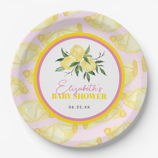 Moderne rosa gelbe Lemon Print Paper Teller (Vorderseite)