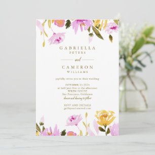 Moderne rosa-gelbe Wasserfarben-Blumenhochzeit Einladung