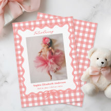 Moderne rosa Gingham-Baby-Foto-Geburtsanzeige
