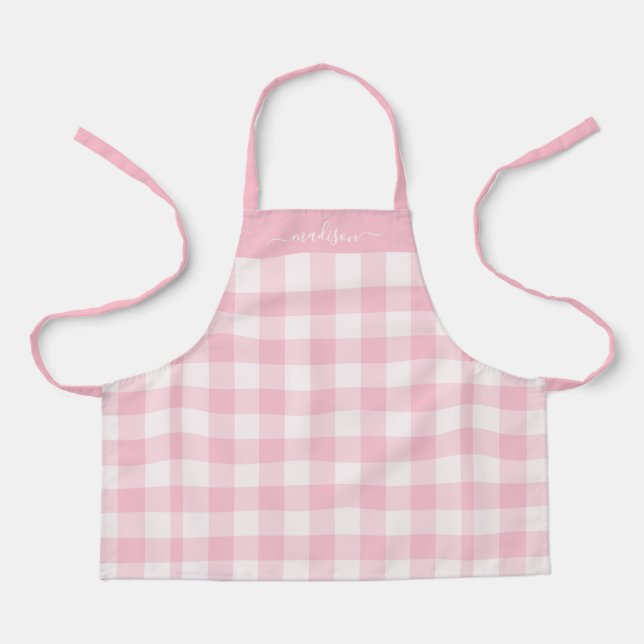 Moderne rosa Gingham-Skriptbezeichnung Schürze (Vorderseite)