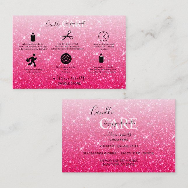 Moderne rosa Glitzer Candle Care Business Card Visitenkarte (Vorne/Hinten)