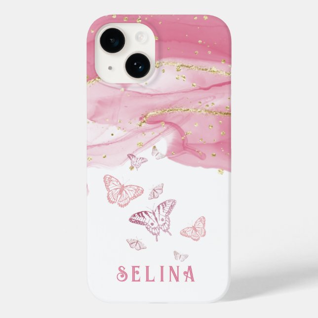 Moderne rosa Glitzer mit Monogramm Case-Mate iPhone 14 Hülle (Rückseite)