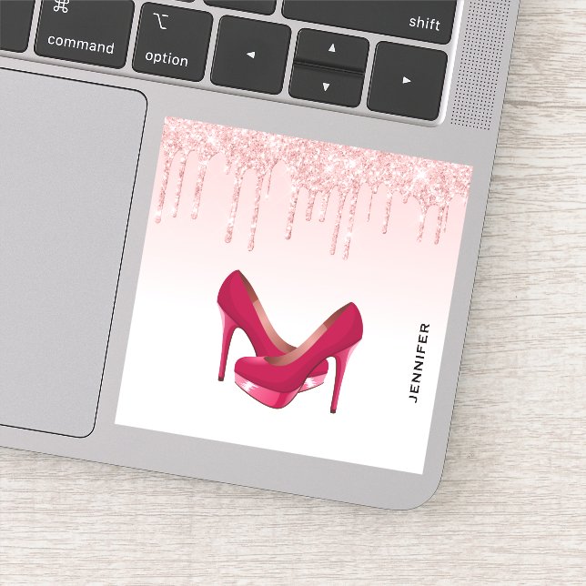 Moderne rosa Glitzer-Tropfen & High Heels Aufkleber (Detail)