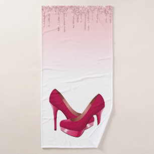 Moderne rosa Glitzer-Tropfen & High Heels Badhandtuch Set