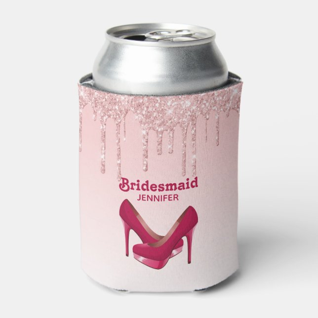 Moderne rosa Glitzer Tropfen & High Heels Bridesma Dosenkühler (Kanne Vorderseite)