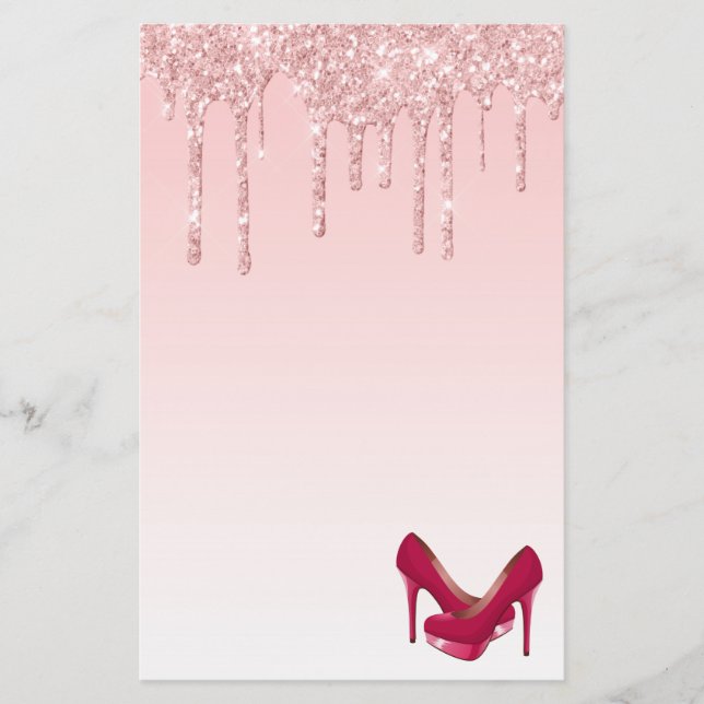 Moderne rosa Glitzer-Tropfen & High Heels Briefpapier (Vorderseite)