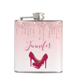 Moderne rosa Glitzer-Tropfen & High Heels Flachmann