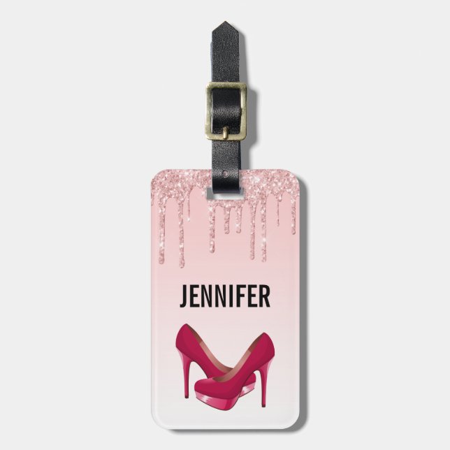 Moderne rosa Glitzer-Tropfen & High Heels Gepäckanhänger (Vorderseite vertikal)
