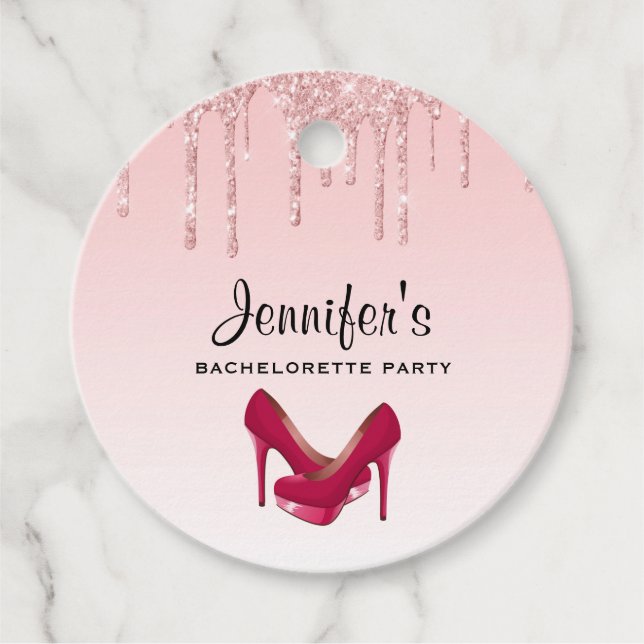 Moderne rosa Glitzer-Tropfen & High Heels Geschenkanhänger (Vorderseite)