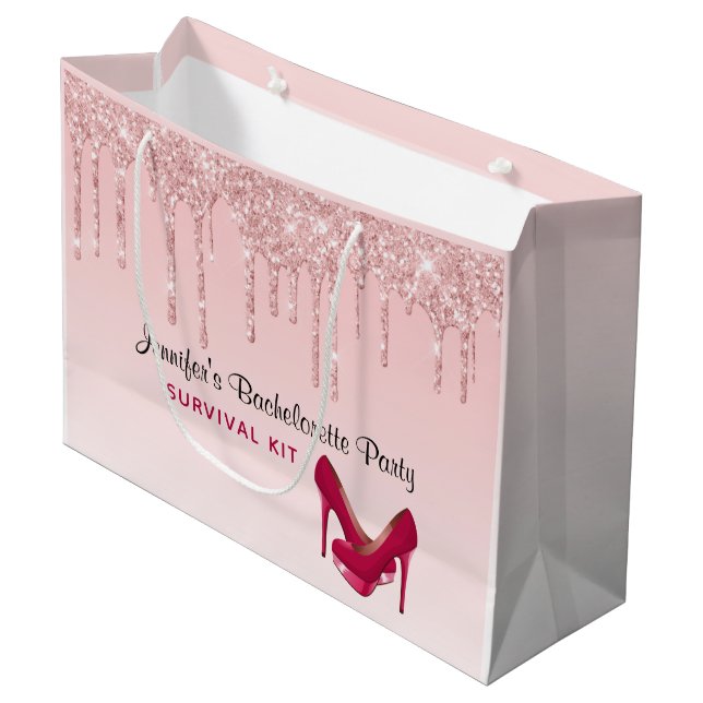 Moderne rosa Glitzer-Tropfen & High Heels Große Geschenktüte (Vorderseite Schrägansicht)